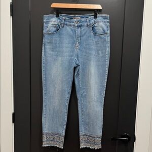 The Audrey Mid-Rise Tribal Light Blue Straight Ankle Jeans with Embroidered Hem